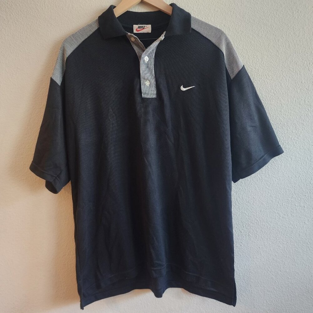 Vintage Nike Polo Shirt Mens Extra Large Black Gray Swoosh Logo Button Up 90s